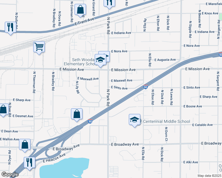 map of restaurants, bars, coffee shops, grocery stores, and more near 7506 East Sinto Avenue in Spokane