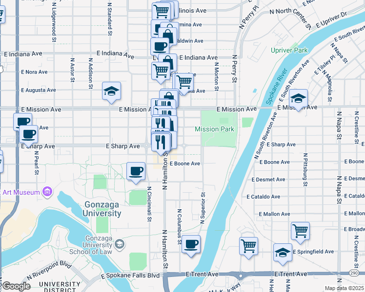 map of restaurants, bars, coffee shops, grocery stores, and more near 1304 North Columbus Street in Spokane
