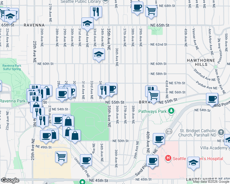map of restaurants, bars, coffee shops, grocery stores, and more near 5550 36th Avenue Northeast in Seattle