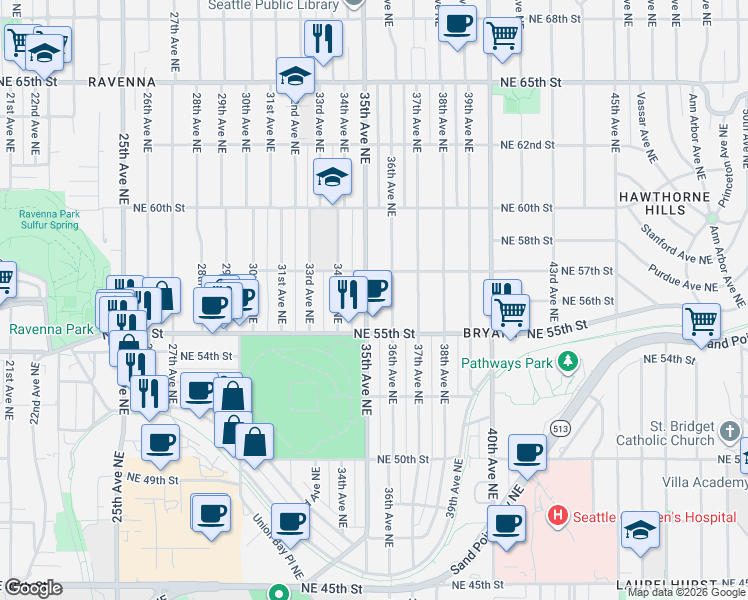 map of restaurants, bars, coffee shops, grocery stores, and more near 5551 35th Avenue Northeast in Seattle