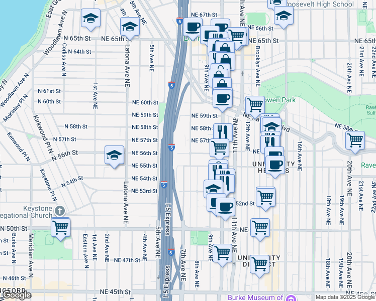 map of restaurants, bars, coffee shops, grocery stores, and more near 5701 8th Avenue Northeast in Seattle
