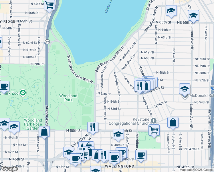 map of restaurants, bars, coffee shops, grocery stores, and more near 5544 Ashworth Avenue North in Seattle