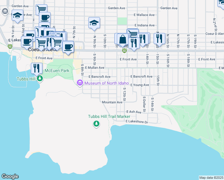 map of restaurants, bars, coffee shops, grocery stores, and more near 1024 East Young Avenue in Coeur d'Alene