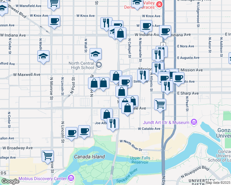 map of restaurants, bars, coffee shops, grocery stores, and more near 428 West Sinto Avenue in Spokane