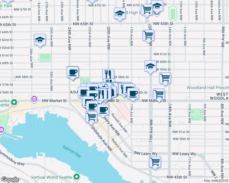 map of restaurants, bars, coffee shops, grocery stores, and more near 1760 Northwest 56th Street in Seattle