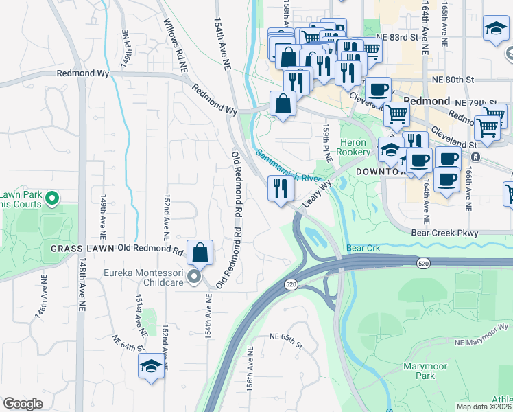 map of restaurants, bars, coffee shops, grocery stores, and more near 7416 West Lake Sammamish Parkway Northeast in Redmond