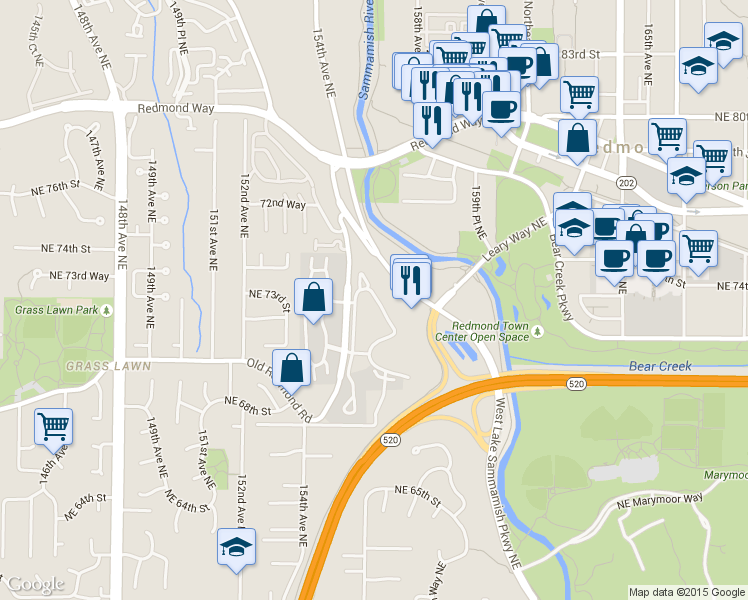map of restaurants, bars, coffee shops, grocery stores, and more near 7250 Old Redmond Road in Redmond