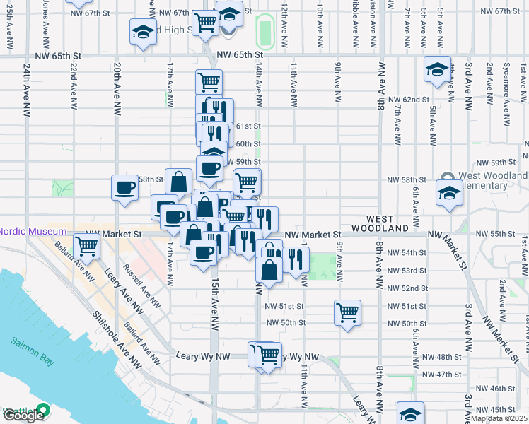 map of restaurants, bars, coffee shops, grocery stores, and more near 1151 Northwest 57th Street in Seattle