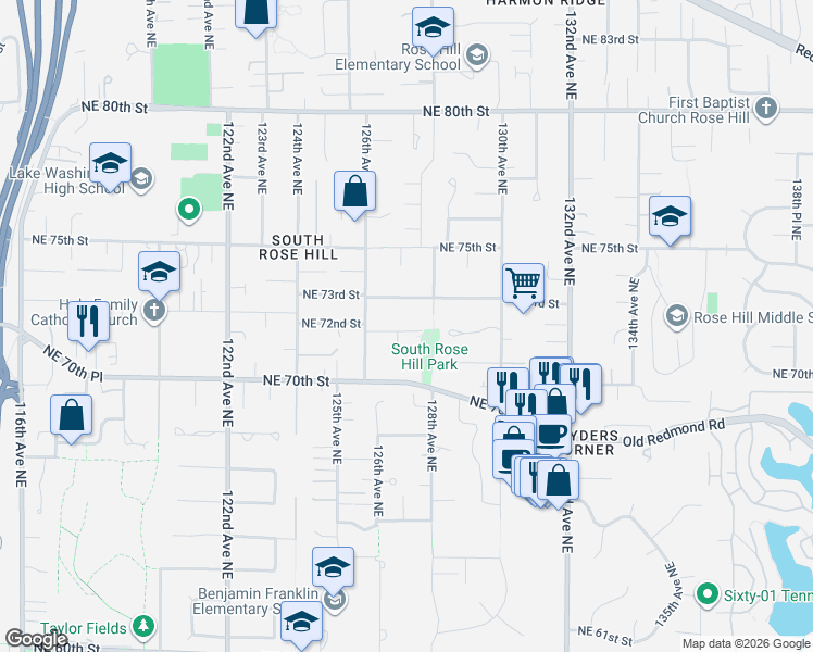 map of restaurants, bars, coffee shops, grocery stores, and more near 12712 Northeast 72nd Street in Kirkland