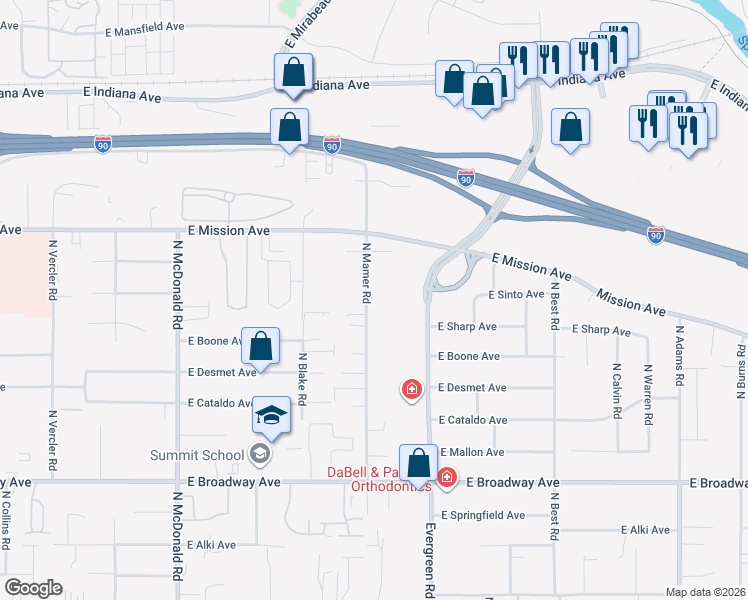 map of restaurants, bars, coffee shops, grocery stores, and more near 1402 North Mamer Road in Spokane Valley