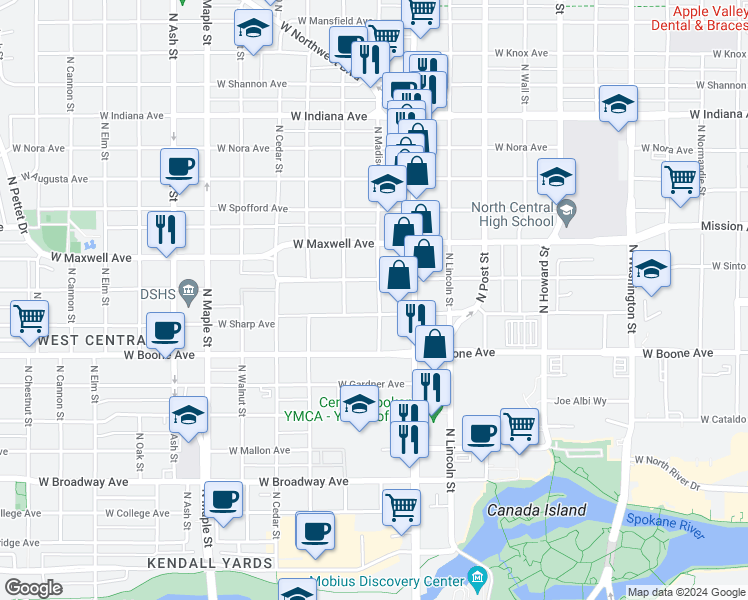 map of restaurants, bars, coffee shops, grocery stores, and more near 1117 West Sinto Avenue in Spokane