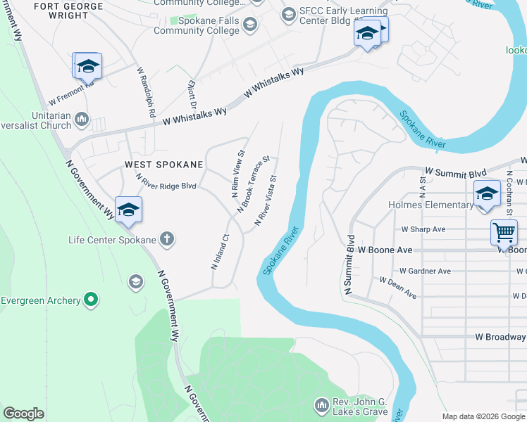 map of restaurants, bars, coffee shops, grocery stores, and more near 1407 North River Vista Street in Spokane