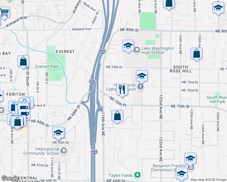 map of restaurants, bars, coffee shops, grocery stores, and more near 11717 Northeast 73rd Street in Kirkland