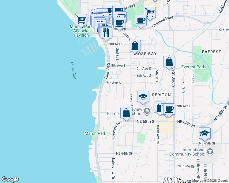 map of restaurants, bars, coffee shops, grocery stores, and more near 714 1st Street South in Kirkland