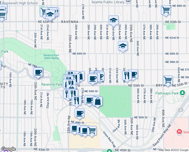map of restaurants, bars, coffee shops, grocery stores, and more near 5553 29th Avenue Northeast in Seattle