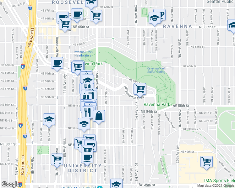map of restaurants, bars, coffee shops, grocery stores, and more near 1721 Northeast Ravenna Boulevard in Seattle