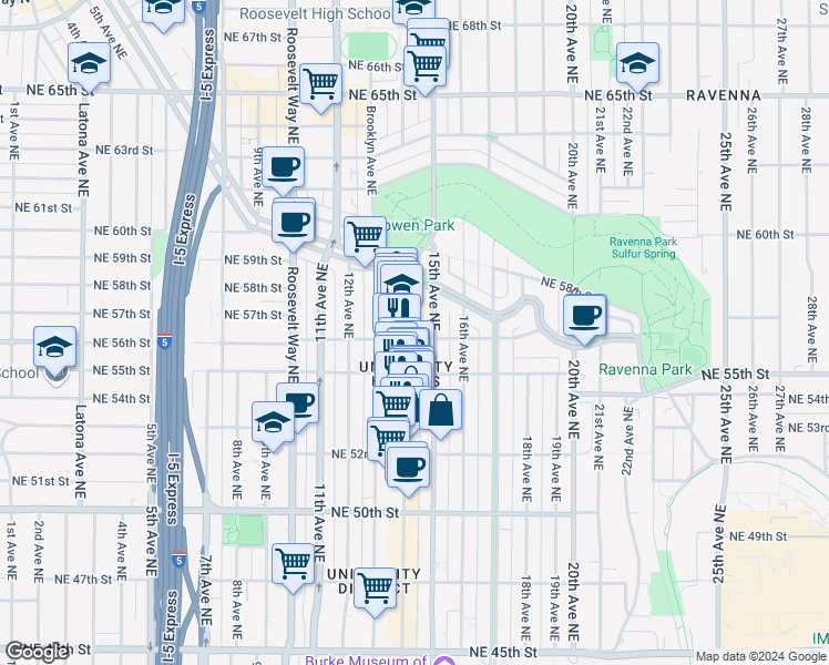 map of restaurants, bars, coffee shops, grocery stores, and more near 5619 University Way Northeast in Seattle