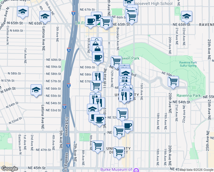 map of restaurants, bars, coffee shops, grocery stores, and more near 5614 11th Avenue Northeast in Seattle