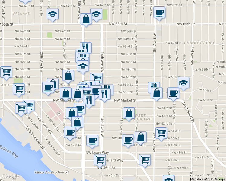map of restaurants, bars, coffee shops, grocery stores, and more near in Seattle