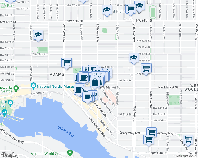 map of restaurants, bars, coffee shops, grocery stores, and more near 5650 20th Avenue Northwest in Seattle