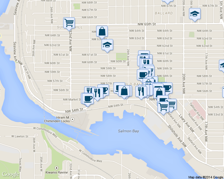 map of restaurants, bars, coffee shops, grocery stores, and more near 5616 28th Avenue Northwest in Seattle