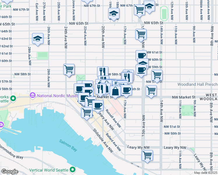 map of restaurants, bars, coffee shops, grocery stores, and more near 1743 Northwest 57th Street in Seattle