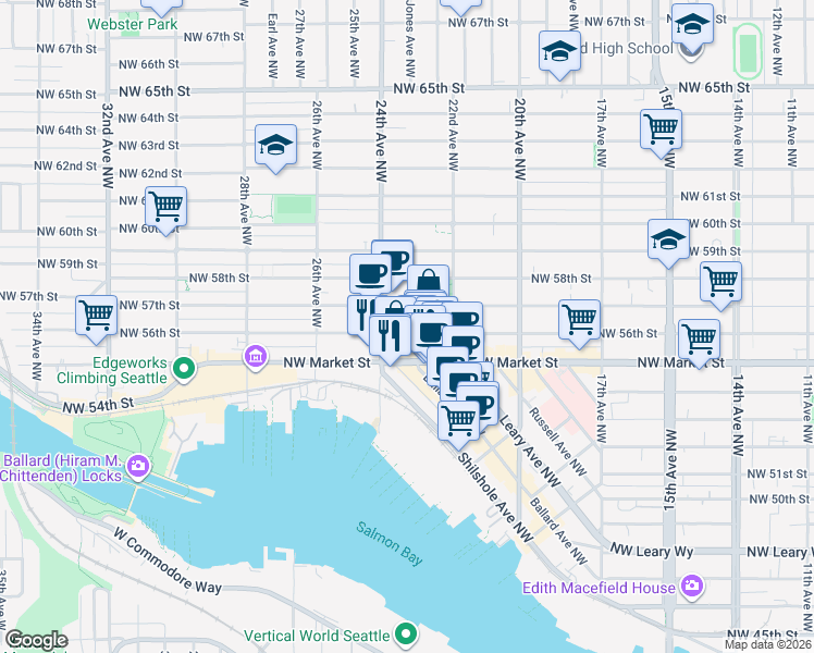 map of restaurants, bars, coffee shops, grocery stores, and more near 2237 Northwest 57th Street in Seattle