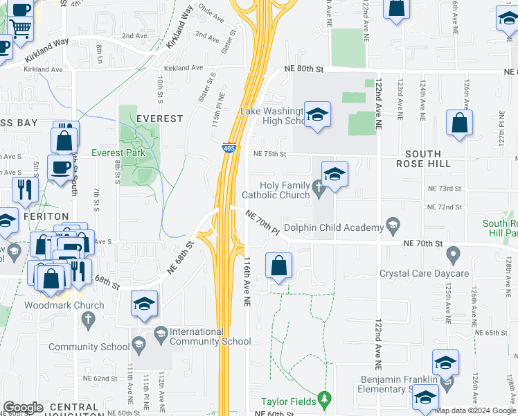 map of restaurants, bars, coffee shops, grocery stores, and more near 7014 116th Avenue Northeast in Kirkland