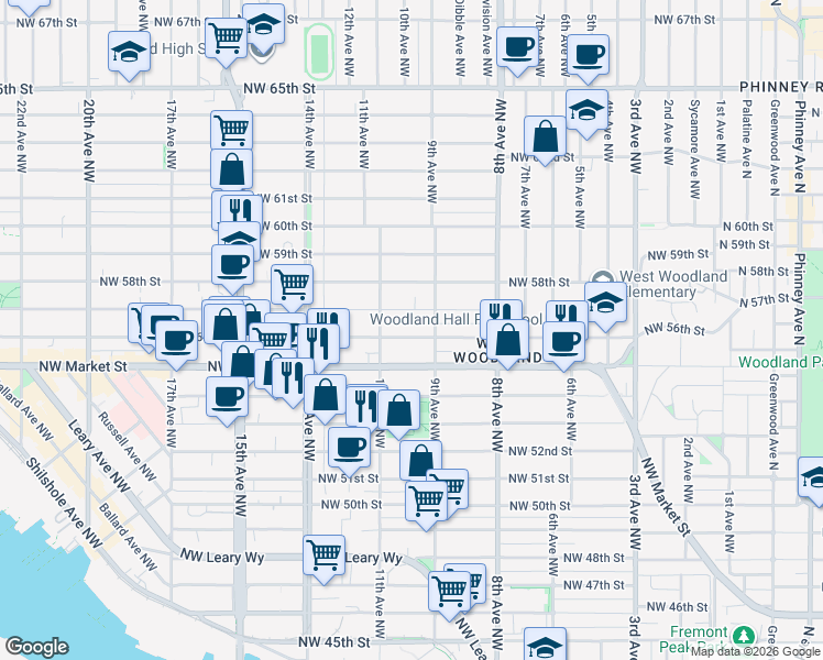 map of restaurants, bars, coffee shops, grocery stores, and more near 916 Northwest 56th Street in Seattle