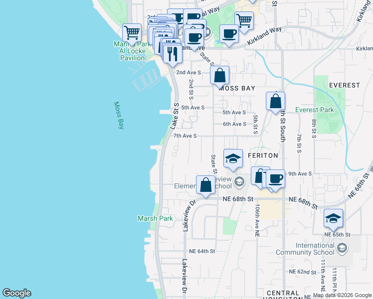 map of restaurants, bars, coffee shops, grocery stores, and more near 714 1st Street South in Kirkland