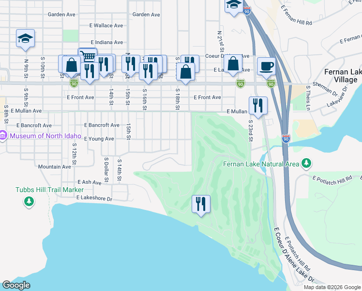 map of restaurants, bars, coffee shops, grocery stores, and more near 510 South 18th Street in Coeur d'Alene