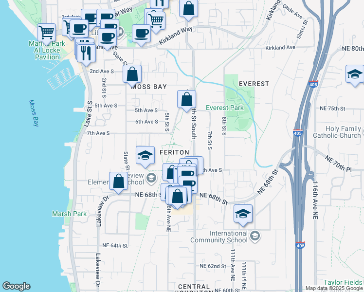 map of restaurants, bars, coffee shops, grocery stores, and more near 777 6th Street South in Kirkland
