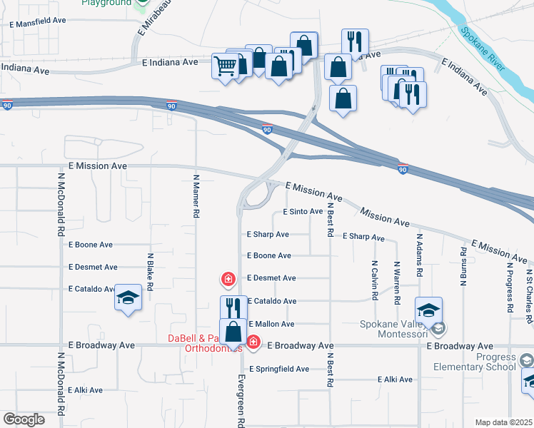 map of restaurants, bars, coffee shops, grocery stores, and more near 1405 North Bolivar Road in Spokane Valley
