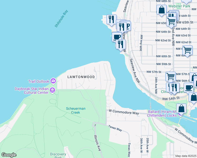 map of restaurants, bars, coffee shops, grocery stores, and more near 5617 Bay Terrace Road in Seattle