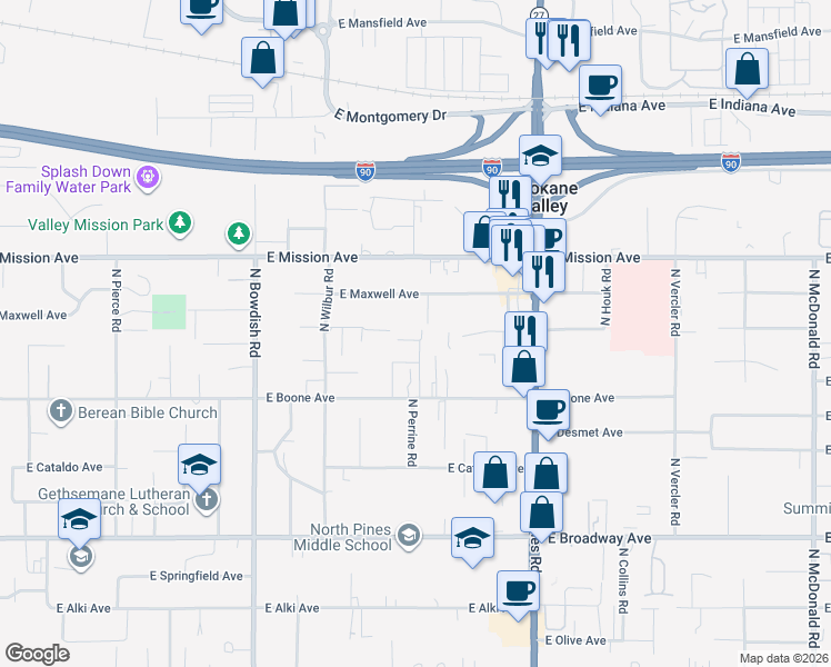 map of restaurants, bars, coffee shops, grocery stores, and more near 11915 East Sinto Lane in Spokane Valley