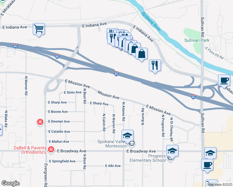 map of restaurants, bars, coffee shops, grocery stores, and more near 14605 East Mission Avenue in Spokane Valley