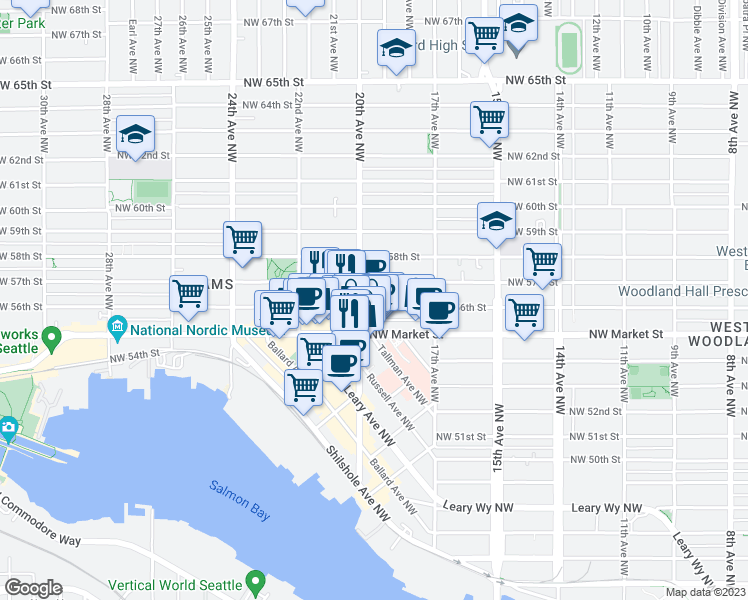 map of restaurants, bars, coffee shops, grocery stores, and more near 1760 Northwest 56th Street in Seattle