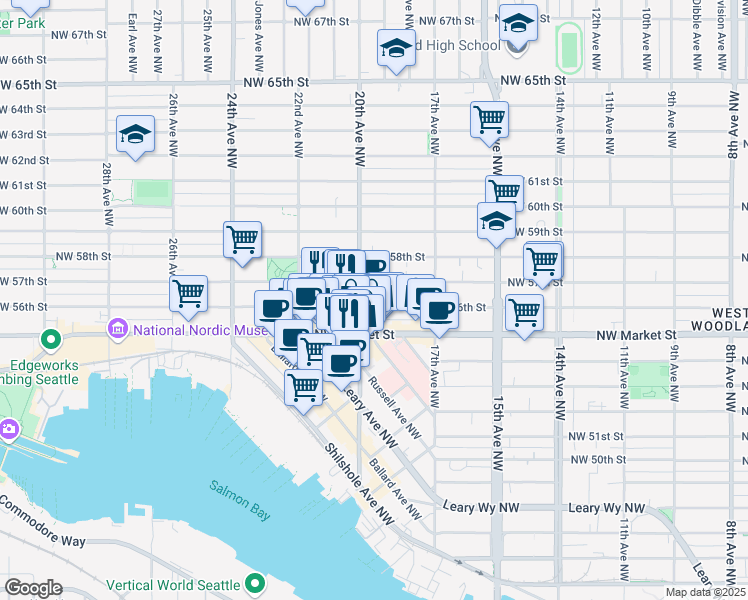 map of restaurants, bars, coffee shops, grocery stores, and more near 5650 20th Avenue Northwest in Seattle