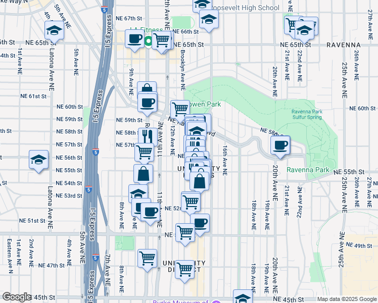 map of restaurants, bars, coffee shops, grocery stores, and more near 5608 Brooklyn Avenue Northeast in Seattle
