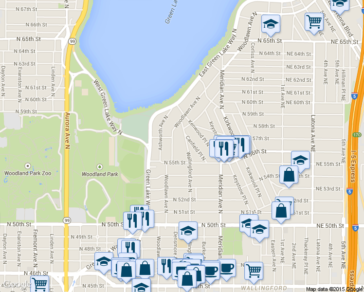 map of restaurants, bars, coffee shops, grocery stores, and more near 5547 Wallingford Avenue North in Seattle