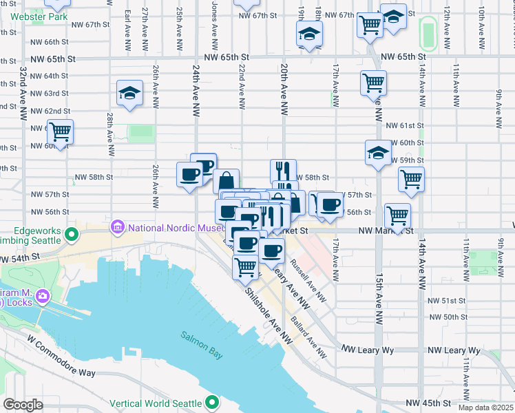 map of restaurants, bars, coffee shops, grocery stores, and more near 2034 Northwest 56th Street in Seattle