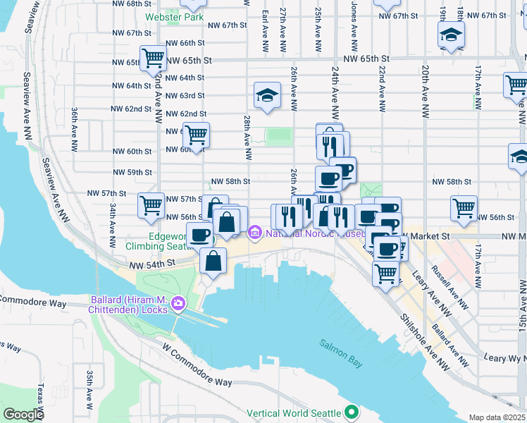 map of restaurants, bars, coffee shops, grocery stores, and more near 2640 Northwest 56th Street in Seattle