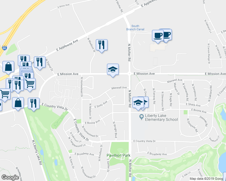 map of restaurants, bars, coffee shops, grocery stores, and more near 23314 East Maxwell Avenue in Liberty Lake