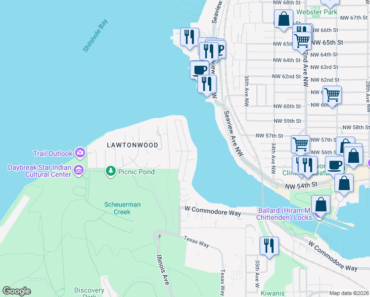 map of restaurants, bars, coffee shops, grocery stores, and more near 5614 40th Avenue West in Seattle