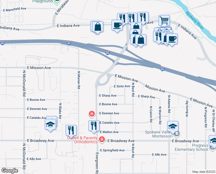 map of restaurants, bars, coffee shops, grocery stores, and more near 1405 North Bolivar Road in Spokane Valley
