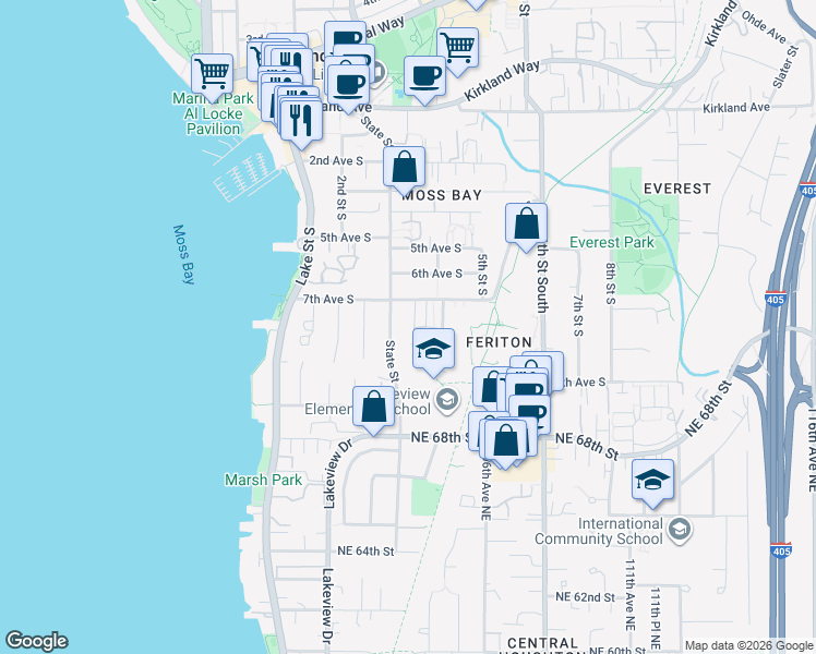 map of restaurants, bars, coffee shops, grocery stores, and more near 712 State Street in Kirkland