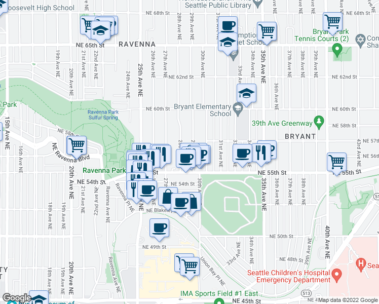 map of restaurants, bars, coffee shops, grocery stores, and more near 5553 29th Avenue Northeast in Seattle