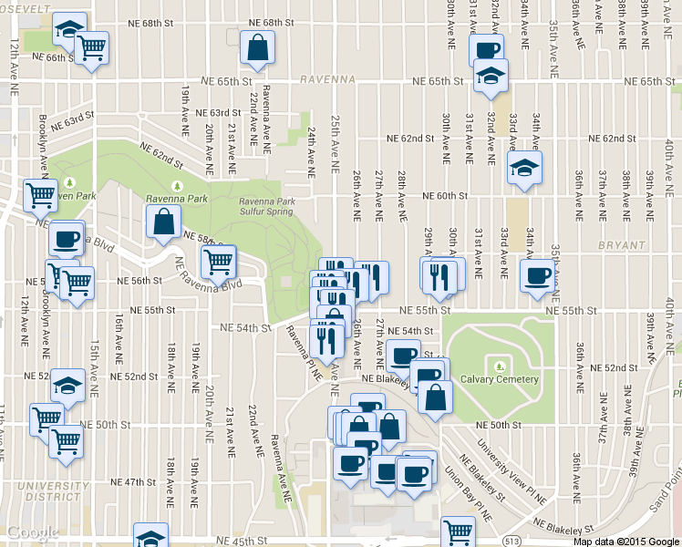 map of restaurants, bars, coffee shops, grocery stores, and more near 5547 25th Avenue Northeast in Seattle