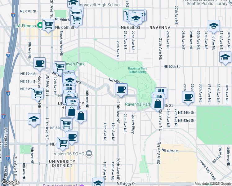 map of restaurants, bars, coffee shops, grocery stores, and more near 5619 20th Avenue Northeast in Seattle