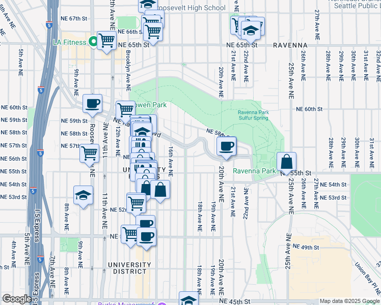 map of restaurants, bars, coffee shops, grocery stores, and more near 1721 Northeast Ravenna Boulevard in Seattle